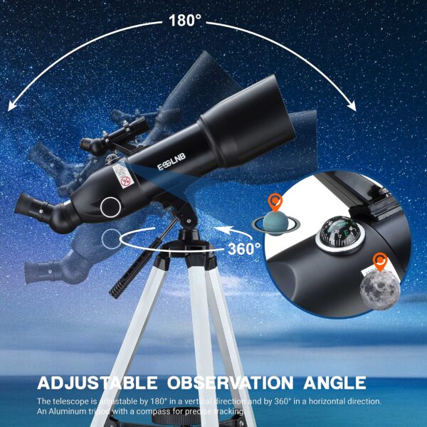 ESSLNB Telescopes for Adults Kids Astronomy Beginners 80mm Astronomical Telescopes with 10X Phone Mount Refractor Telescope Tripod and Carrying Bag Erect-Image Travel Telescope with Moon Filter